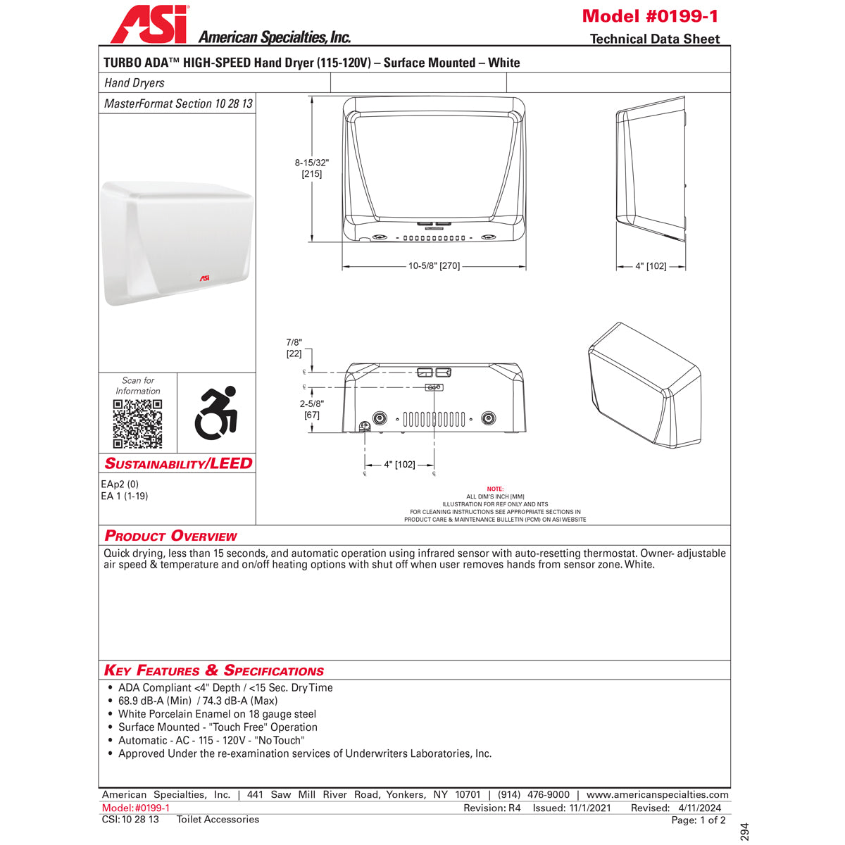 ASI 0199-1-00 TURBO ADA - Automatic High-Speed Hand Dryer (115-120V) White, Surface Mounted