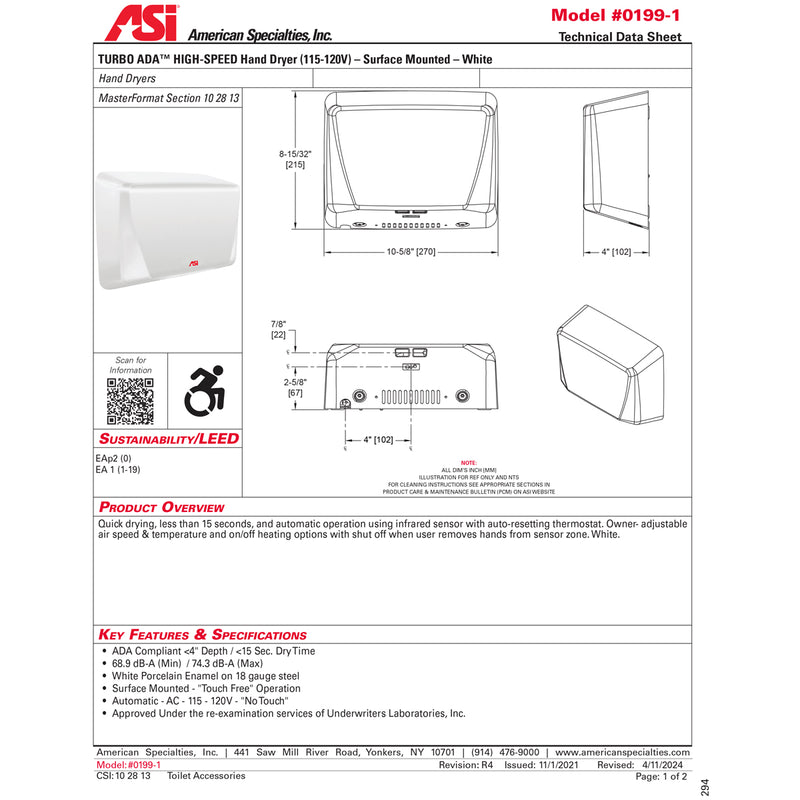 ASI 0199-1-00 TURBO ADA - Automatic High-Speed Hand Dryer (115-120V) White, Surface Mounted