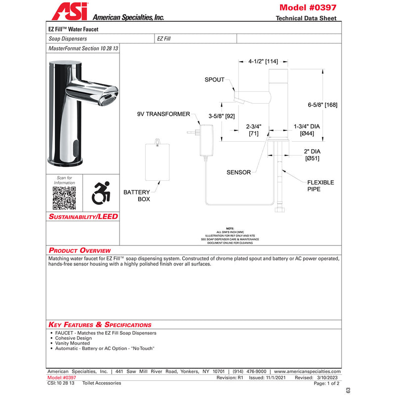 ASI 0397-1A EZ Fill - Water Faucet - (Battery) - Polished Finish