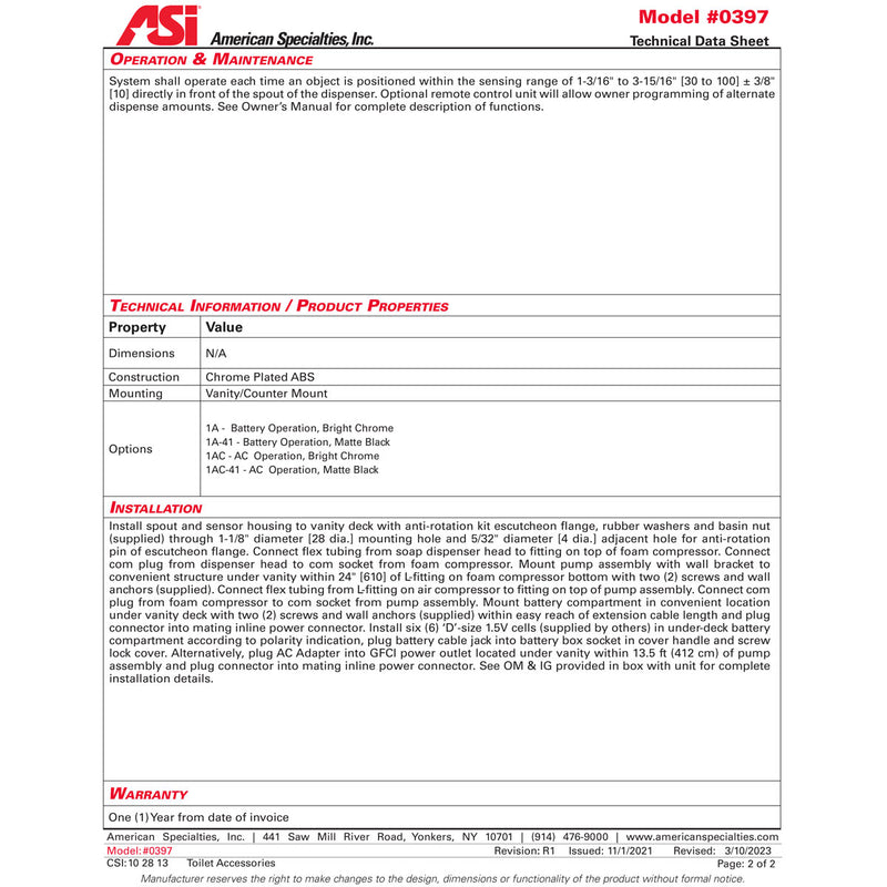 ASI 0397-1A EZ Fill - Water Faucet - (Battery) - Polished Finish