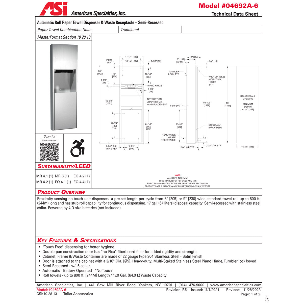 ASI 04692A-6 Combination Commercial Paper Towel Dispenser/Waste Receptacle, Semi-Recessed-Mounted, Stainless Steel