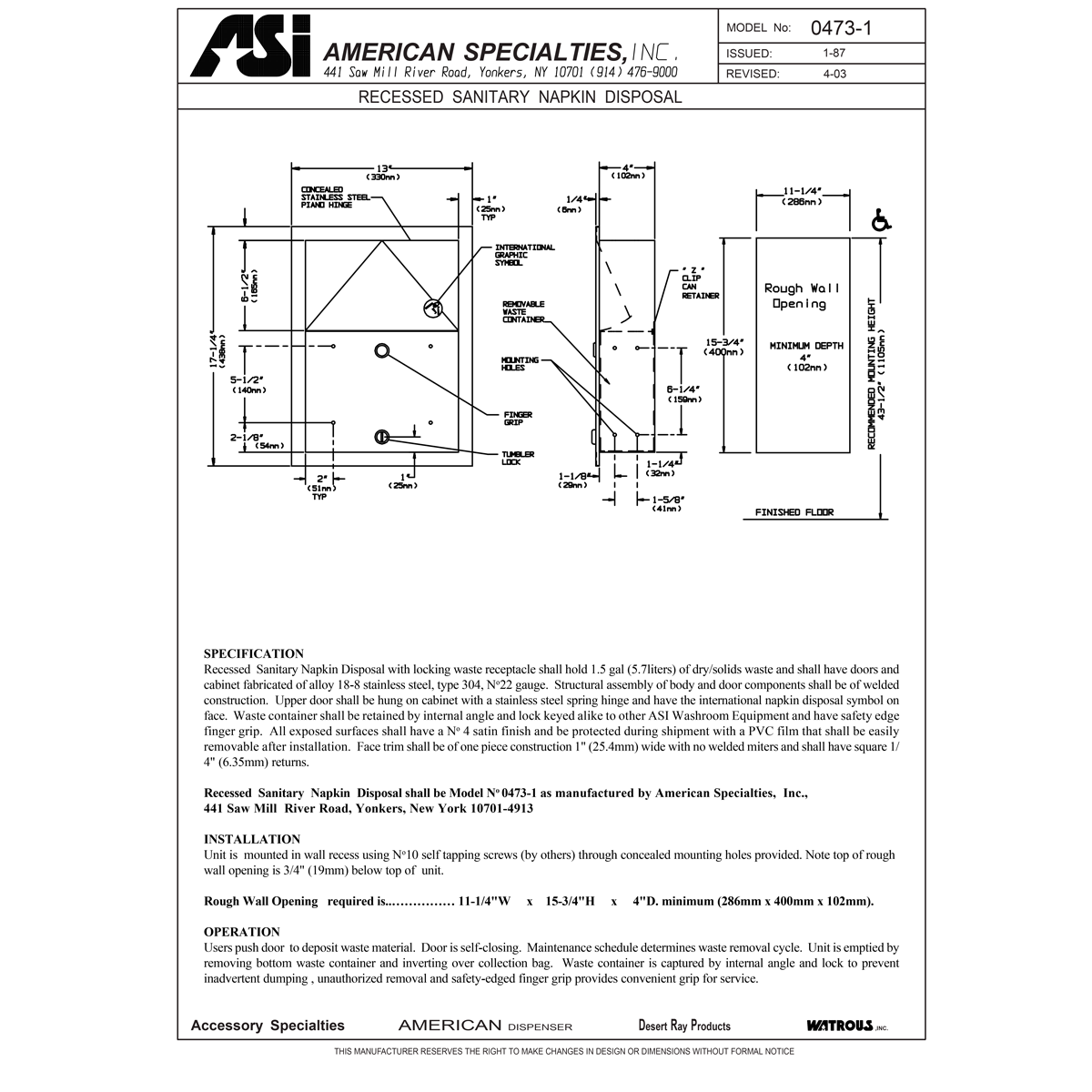 ASI 0473-1 Commercial Restroom Sanitary Napkin Disposal w/Lock