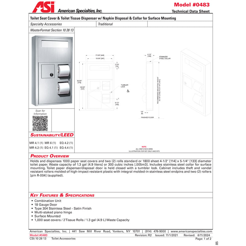 ASI 0483 Commercial Toilet Seat Cover and Toilet Paper Dispenser w/ Collar, Surface-Mounted, Stainless Steel
