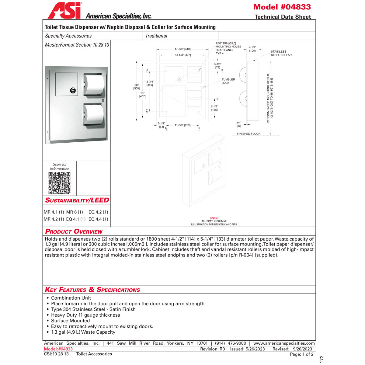 ASI 04833 Combination Toilet Paper Dispenser /Napkin Disposal, Surface-Mounted, Stainless Steel