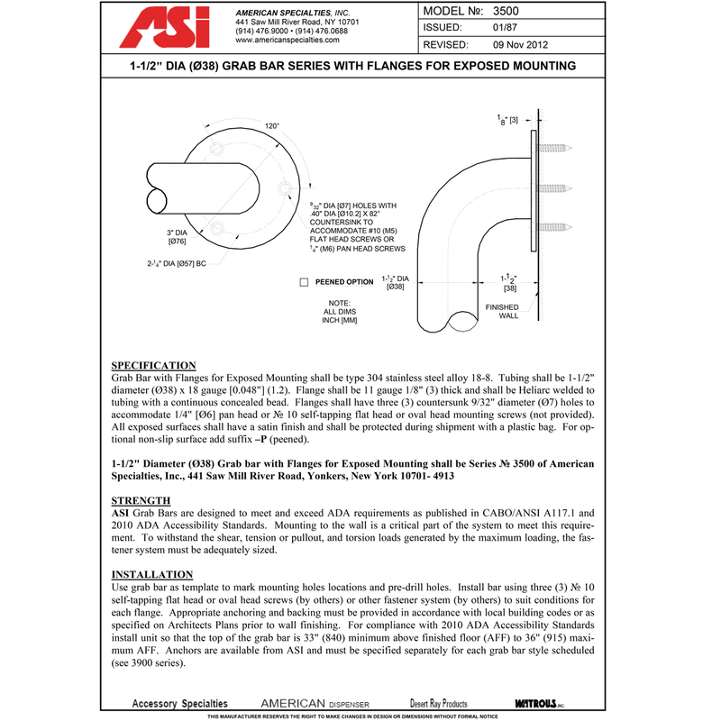 ASI 3501-48 (48 x 1.5) Commercial Grab Bar, 1-1/2" Diameter x 48" Length, Exposed-Mounted, Stainless Steel