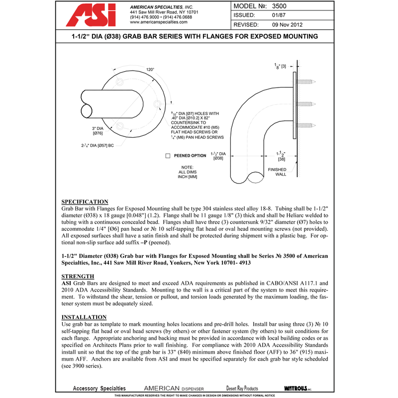 ASI 3501-36P  (36 x 1.25)  Commercial Grab Bar, 1-1/2" Diameter x 36" Length, Stainless Steel (Peend)