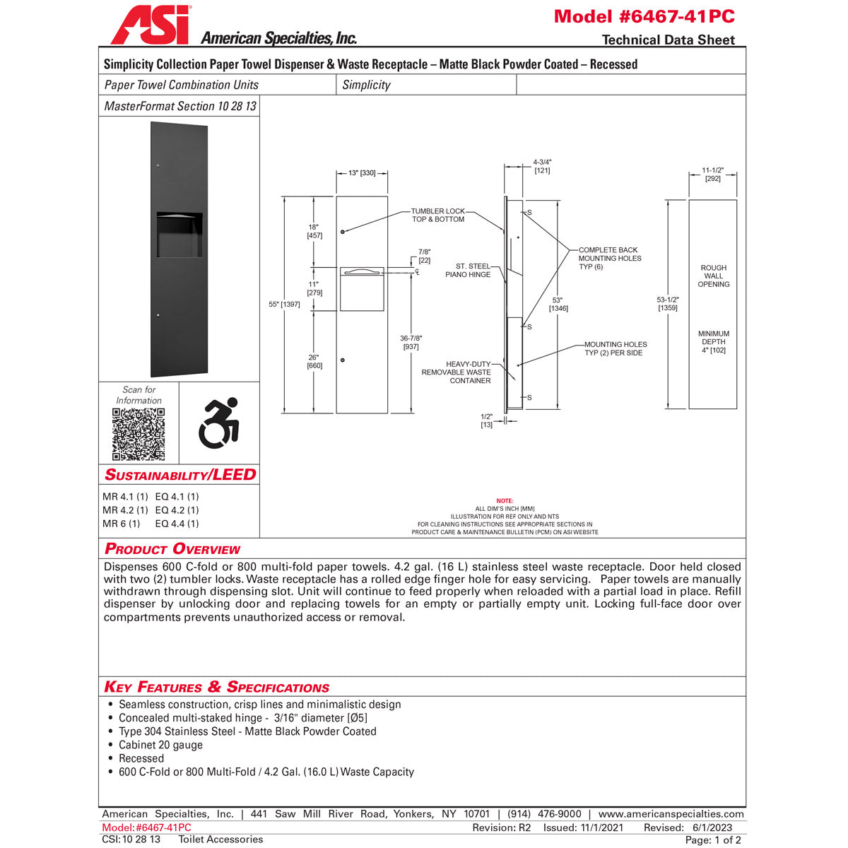 ASI 6467-41PC TOWEL DISP/WASTE -SIMPLICITY-MATTE BLACK POWDER COATED