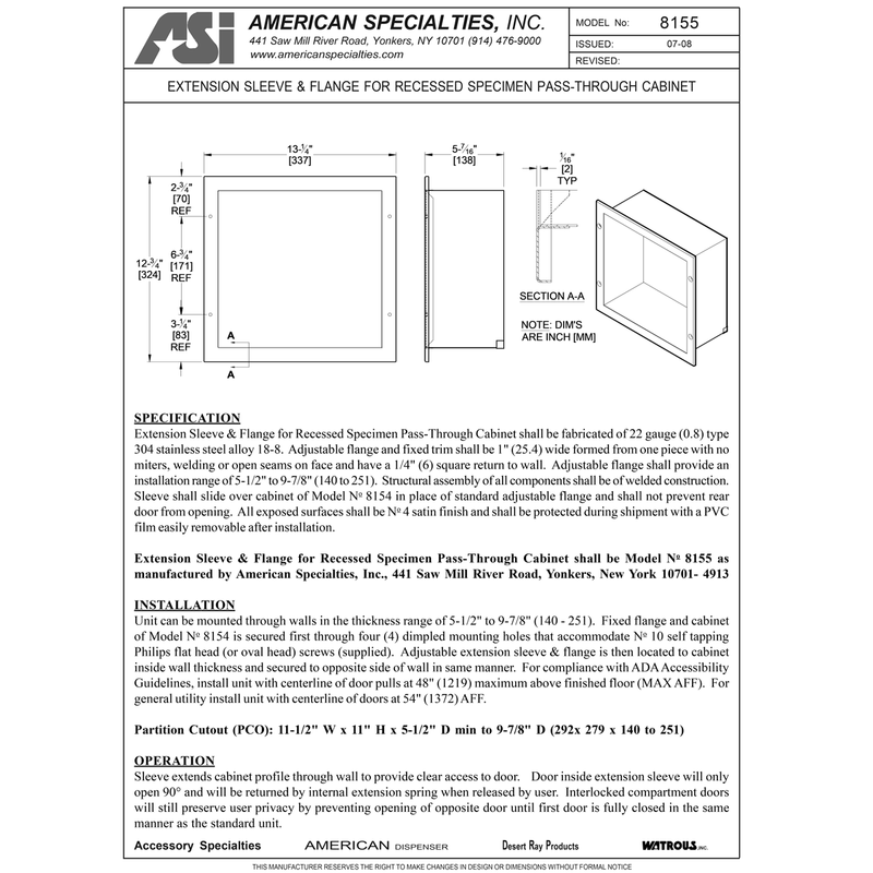 ASI 8155 Commercial Specimen Cabinet Extension Sleeve, Stainless Steel