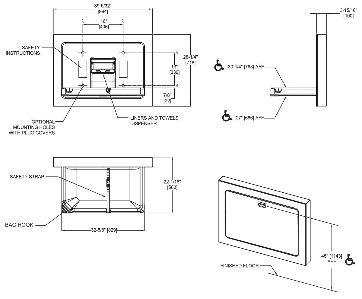 ASI 9018-9 Baby Changing Station - Horizontal - Stainless Steel - Surface Mounted