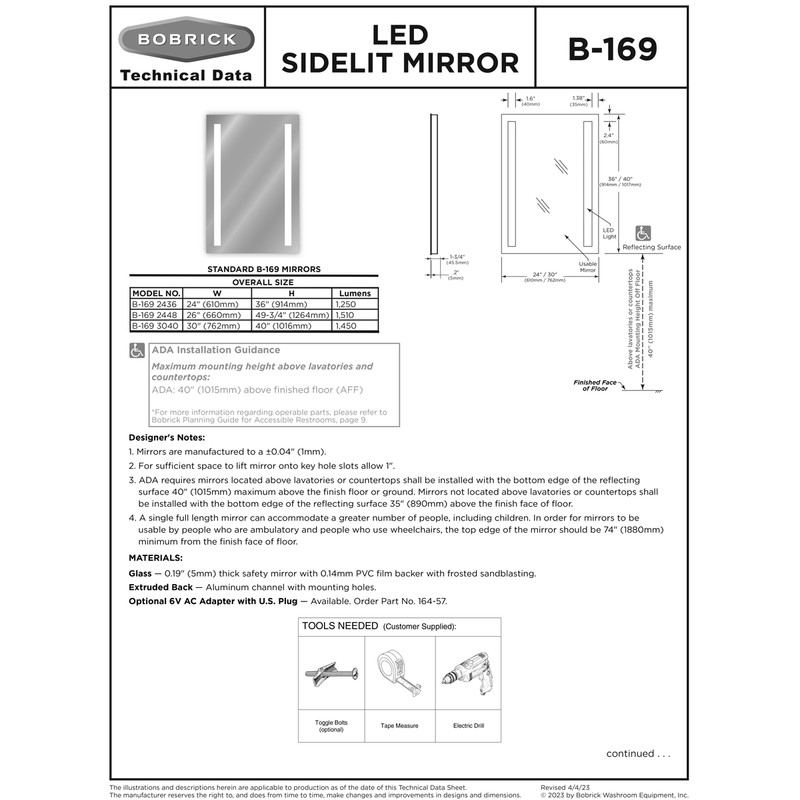 Bobrick B-169 2436 LED Backlit Mirror - SideLit 24x36