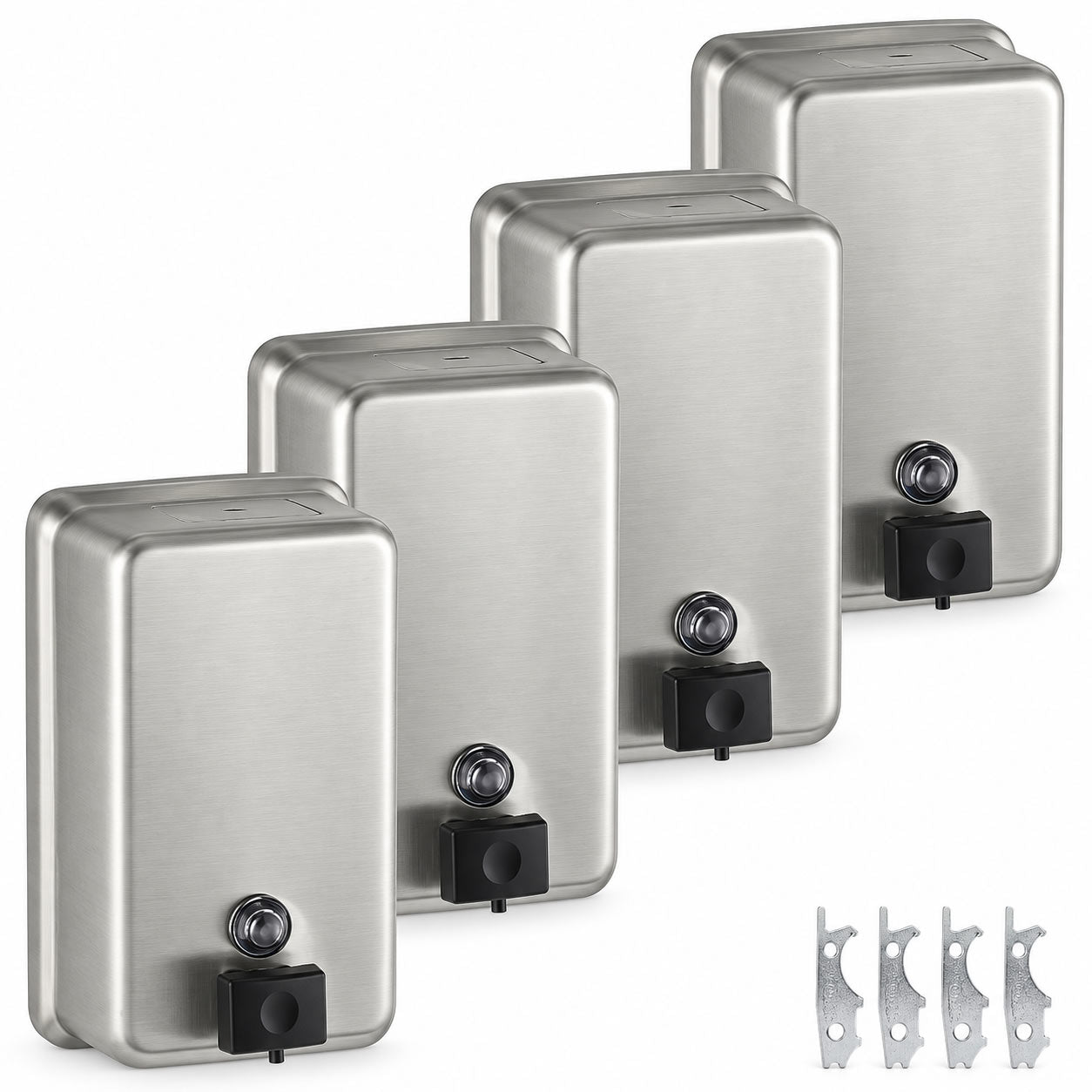 Bobrick B-2111 Commercial Soap Dispenser 4-Pack - four satin stainless steel manual-push dispensers, 40 oz each
