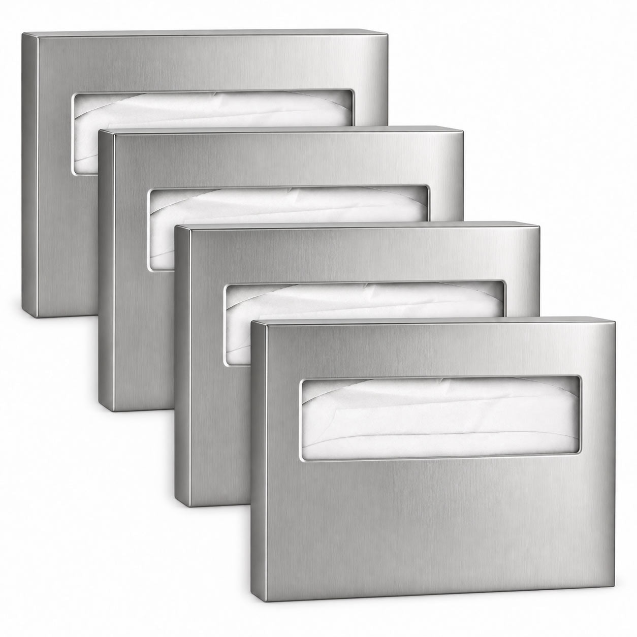 Bobrick B-221 Toilet Seat Cover Dispenser 4-Pack - four surface-mounted satin stainless steel dispensers