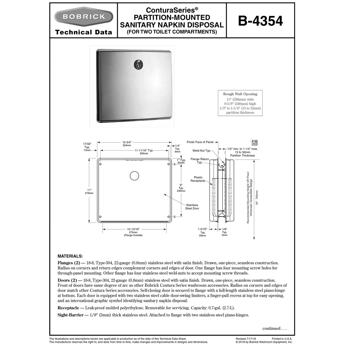 Bobrick B-4354 Commercial Restroom Sanitary Napkin/Tampon Disposal, Partition-Mounted, Stainless Steel