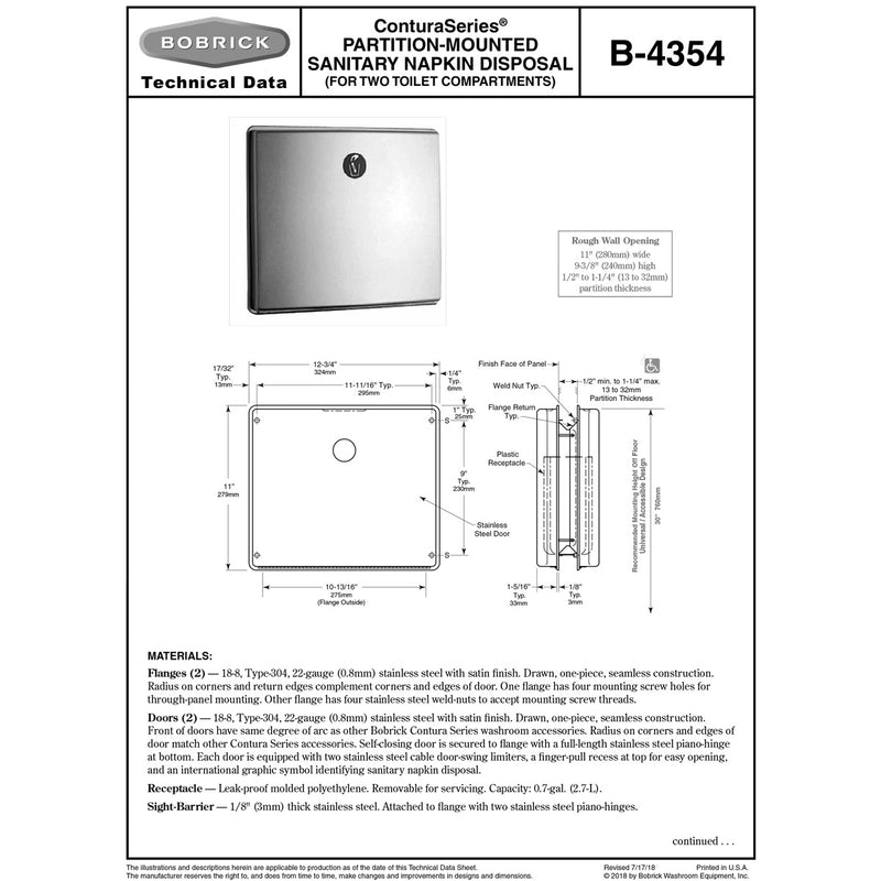 Bobrick B-4354 Commercial Restroom Sanitary Napkin/Tampon Disposal, Partition-Mounted, Stainless Steel