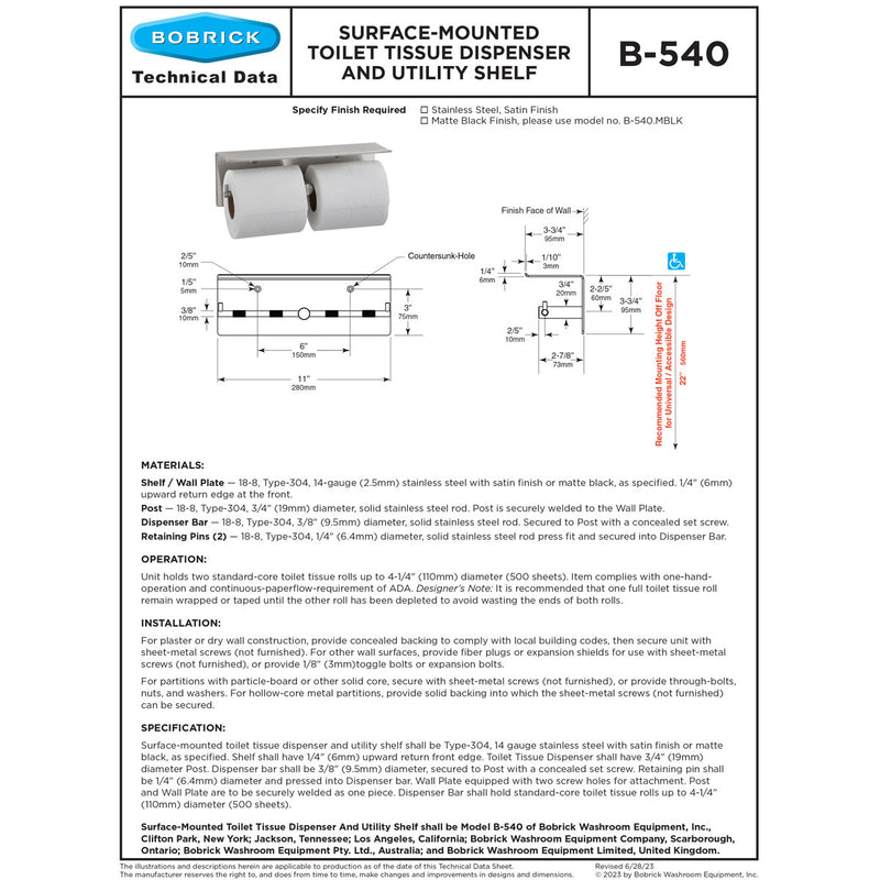 Bobrick B-540 Surface-Mounted Toilet Tissue Dispenser & Utility Shelf