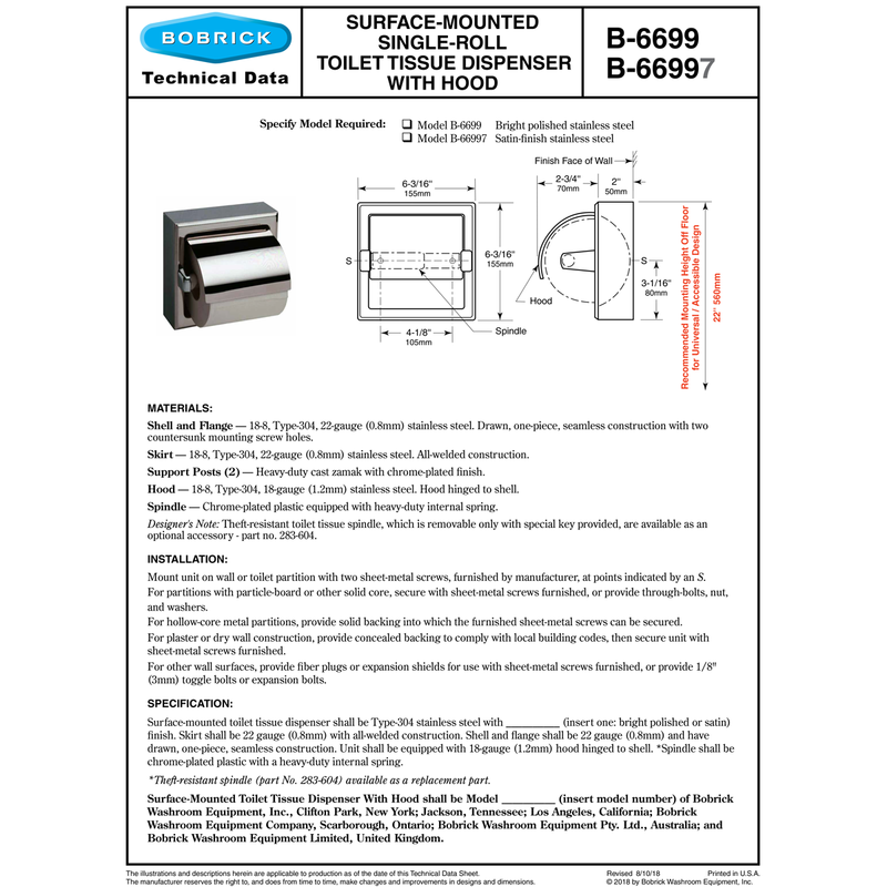 Bobrick B-66997 Commercial Toilet Paper Dispenser w/ Hood, Surface-Mounted, Stainless Steel w/ Satin Finish