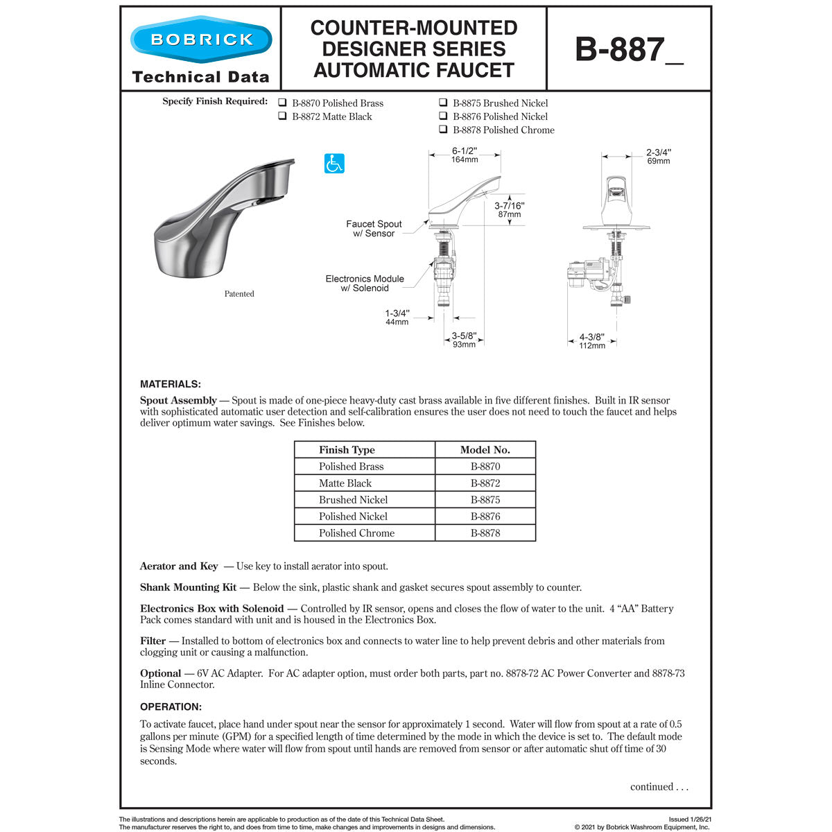 Bobrick B-8876 Automatic Faucet Polished Nickel