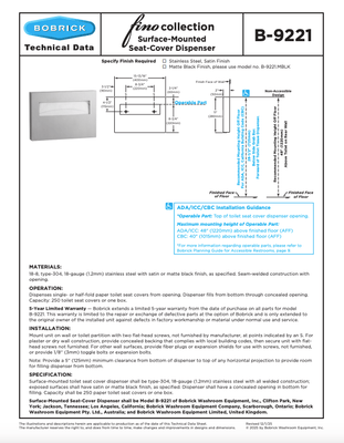 Bobrick 9221.MBLK Fino Surface-Mounted Seat Cover Dispenser, Matte Black