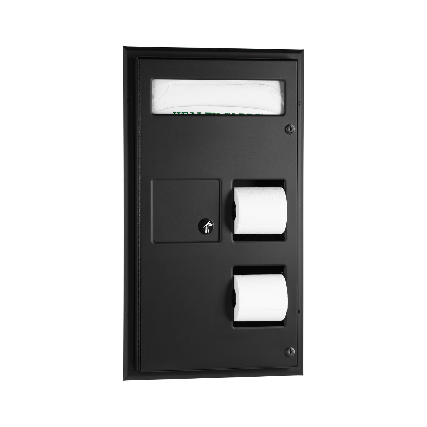 Bobrick 357.MBLK Partition-Mounted Seat Cover Dispenser Napkin Disposal, 0.8-Gal. Dual-Roll Toilet Tissue Dispenser, Matte Black