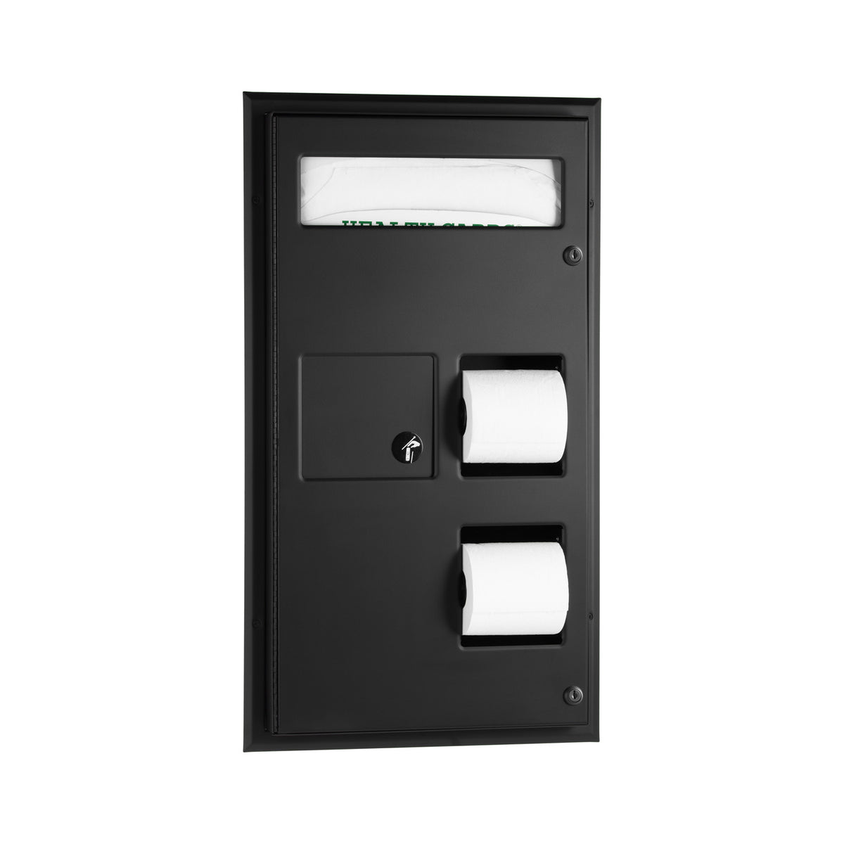 Bobrick 357.MBLK Partition-Mounted Seat Cover Dispenser Napkin Disposal, 0.8-Gal. Dual-Roll Toilet Tissue Dispenser, Matte Black