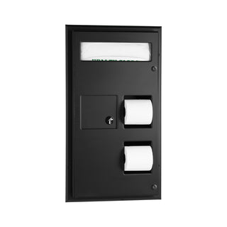 Bobrick 357.MBLK Partition-Mounted Seat Cover Dispenser Napkin Disposal, 0.8-Gal. Dual-Roll Toilet Tissue Dispenser, Matte Black