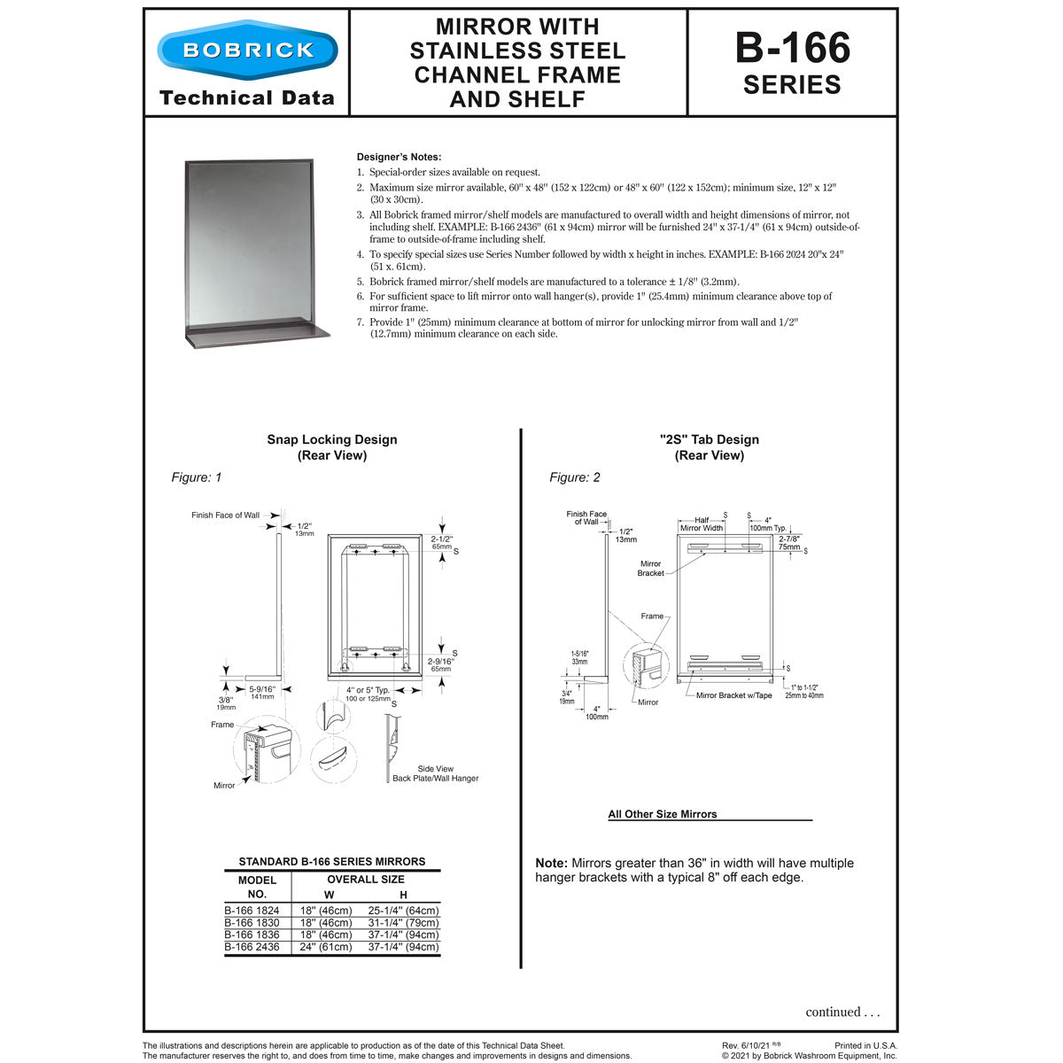Bobrick B-166 1836 (18 x 36) Public Restroom Mirror Shelf, Channel Frame, 18