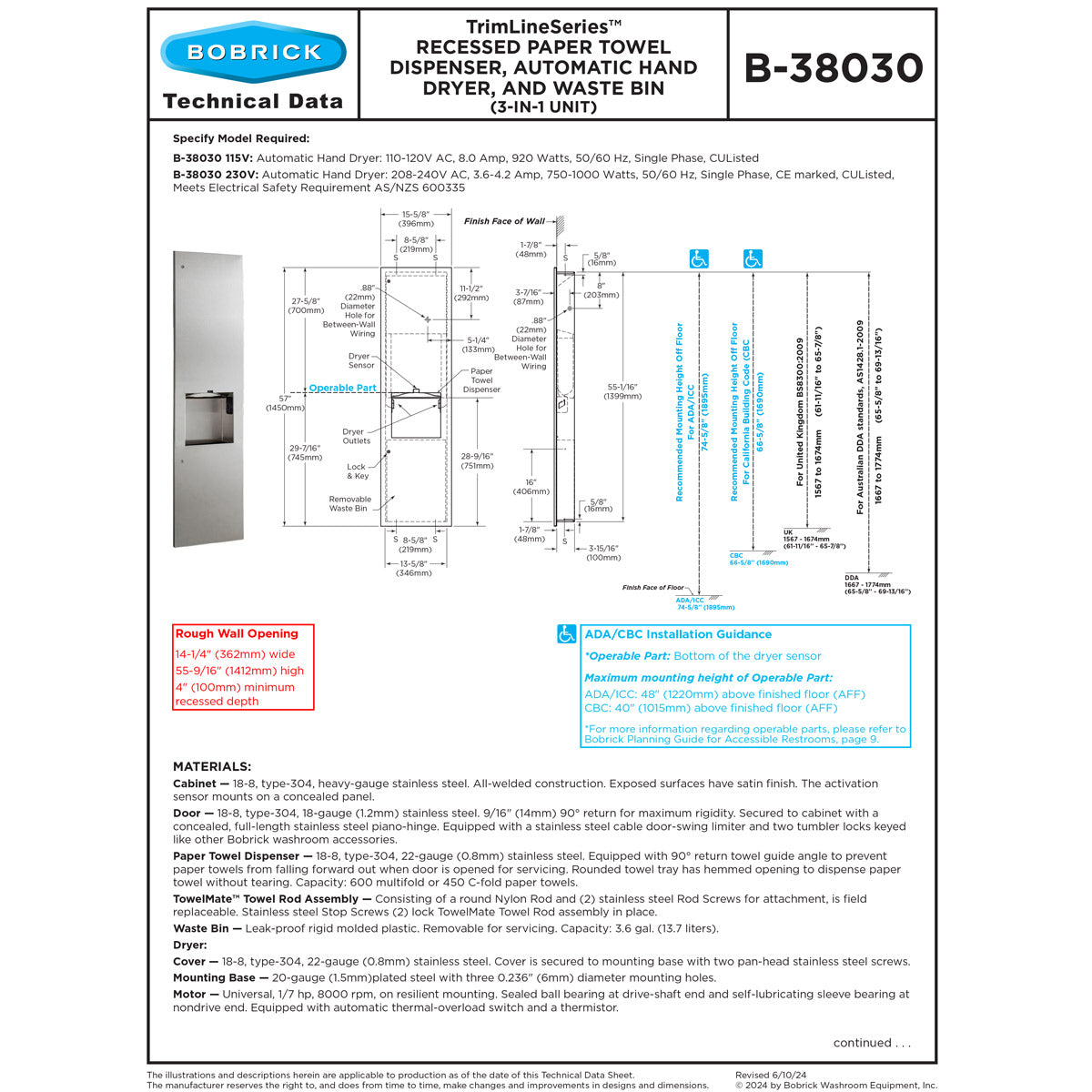 Bobrick B-38030 Automatic Commercial Paper Towel Dispenser/Hand Dryer/Waste Receptacle, Recessed-Mounted, Stainless Steel