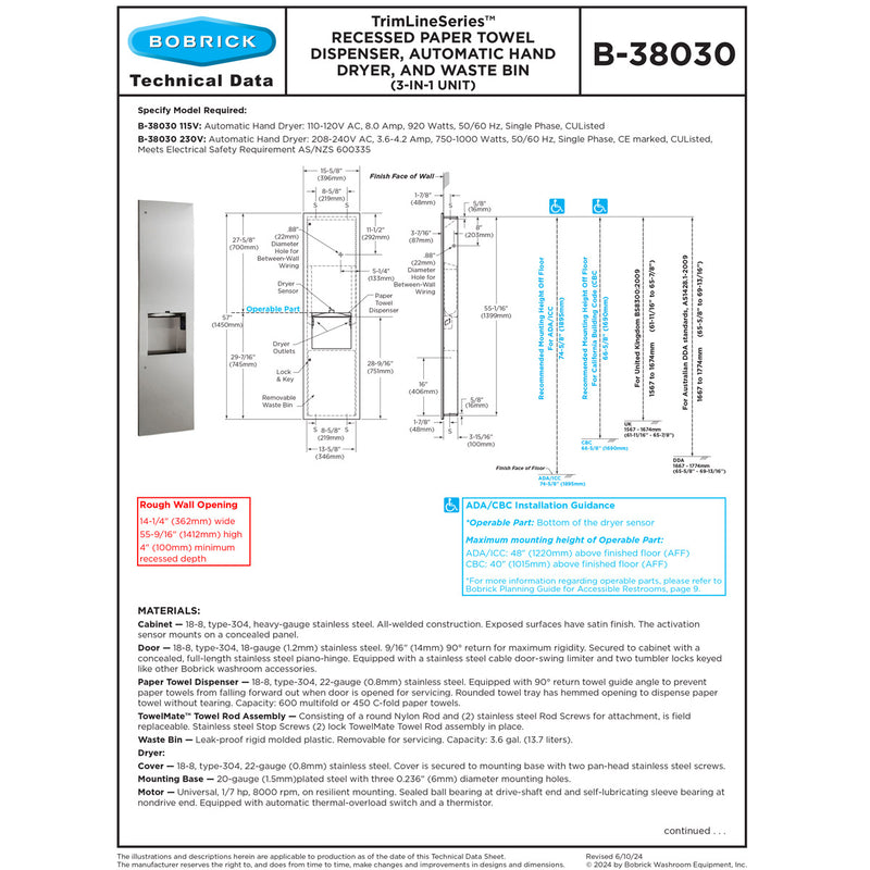 Bobrick B-38030 Automatic Commercial Paper Towel Dispenser/Hand Dryer/Waste Receptacle, Recessed-Mounted, Stainless Steel