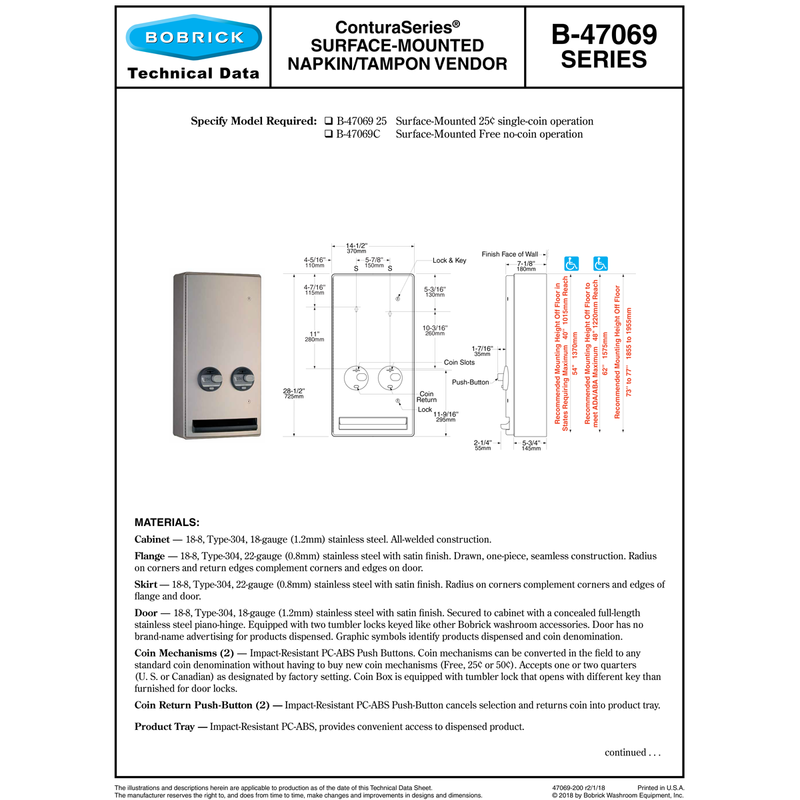 Bobrick B-47069 25 Commercial Restroom Sanitary Napkin/ Tampon Dispenser, 25 Cents, Surface-Mounted, Stainless Steel