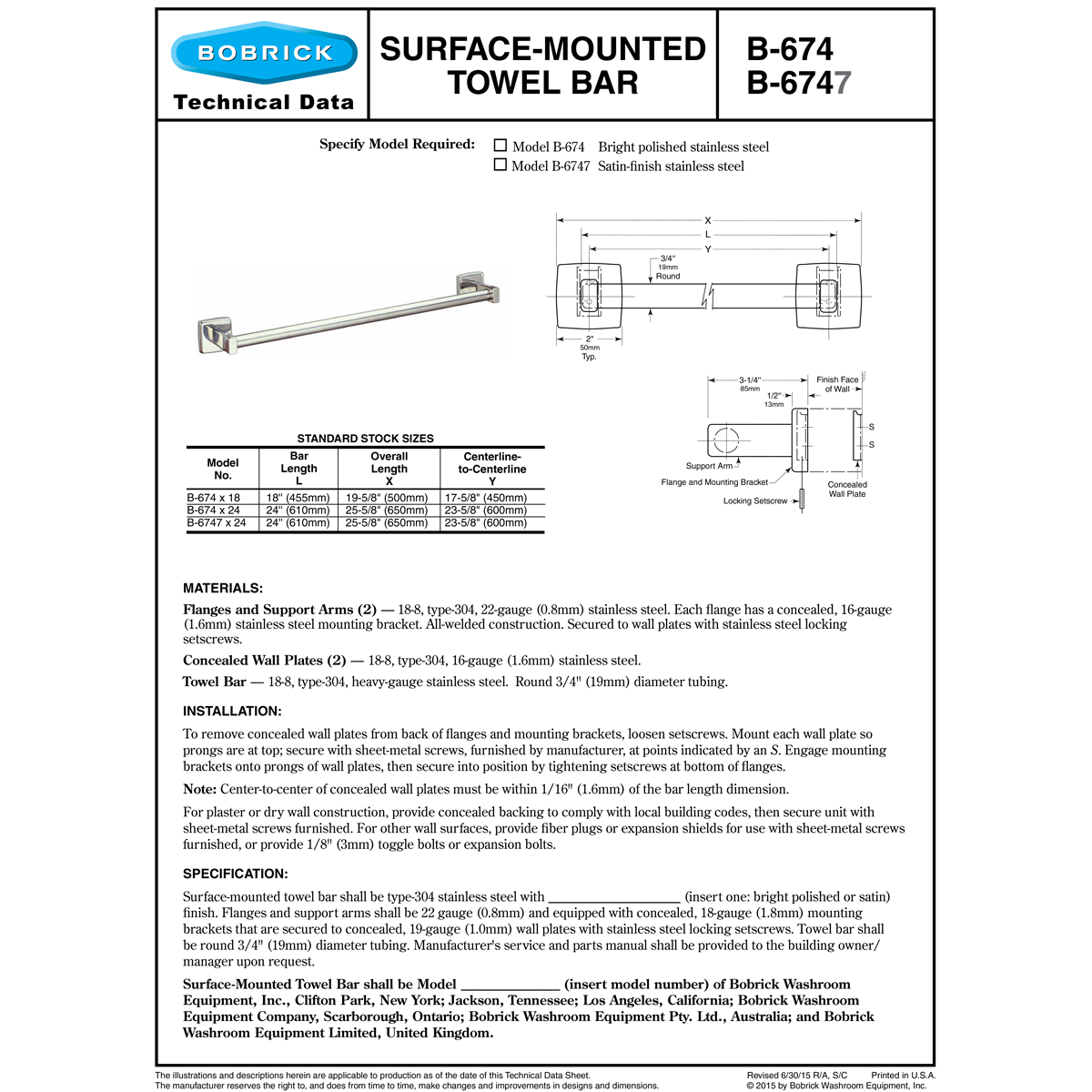 Bobrick B-6747x24 Commercial Bathroom Towel Bar, 3/4