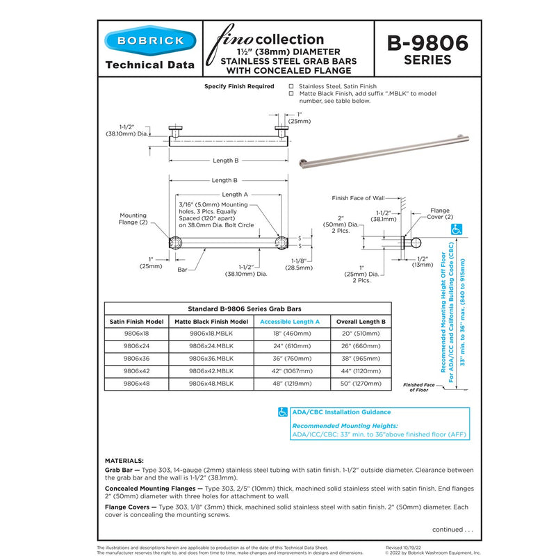 Bobrick Fino B-9806X30.MBLK 30" Straight Stainless Steel Grab Bar with Matte Black Finish