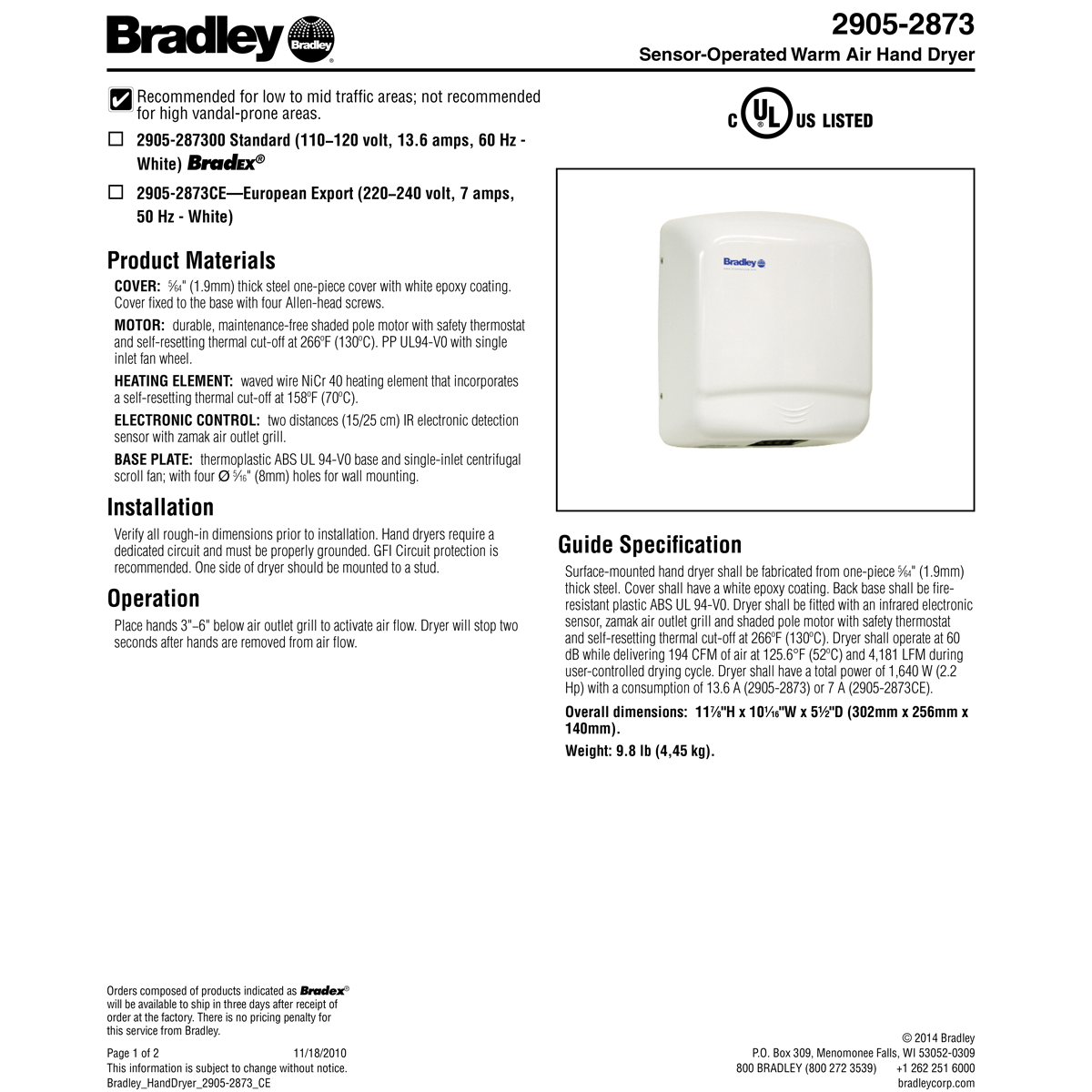 Bradley 2905-287300 Automatic Hands-In Hand Dryer, 110-120 Volt, Surface-Mounted, Steel