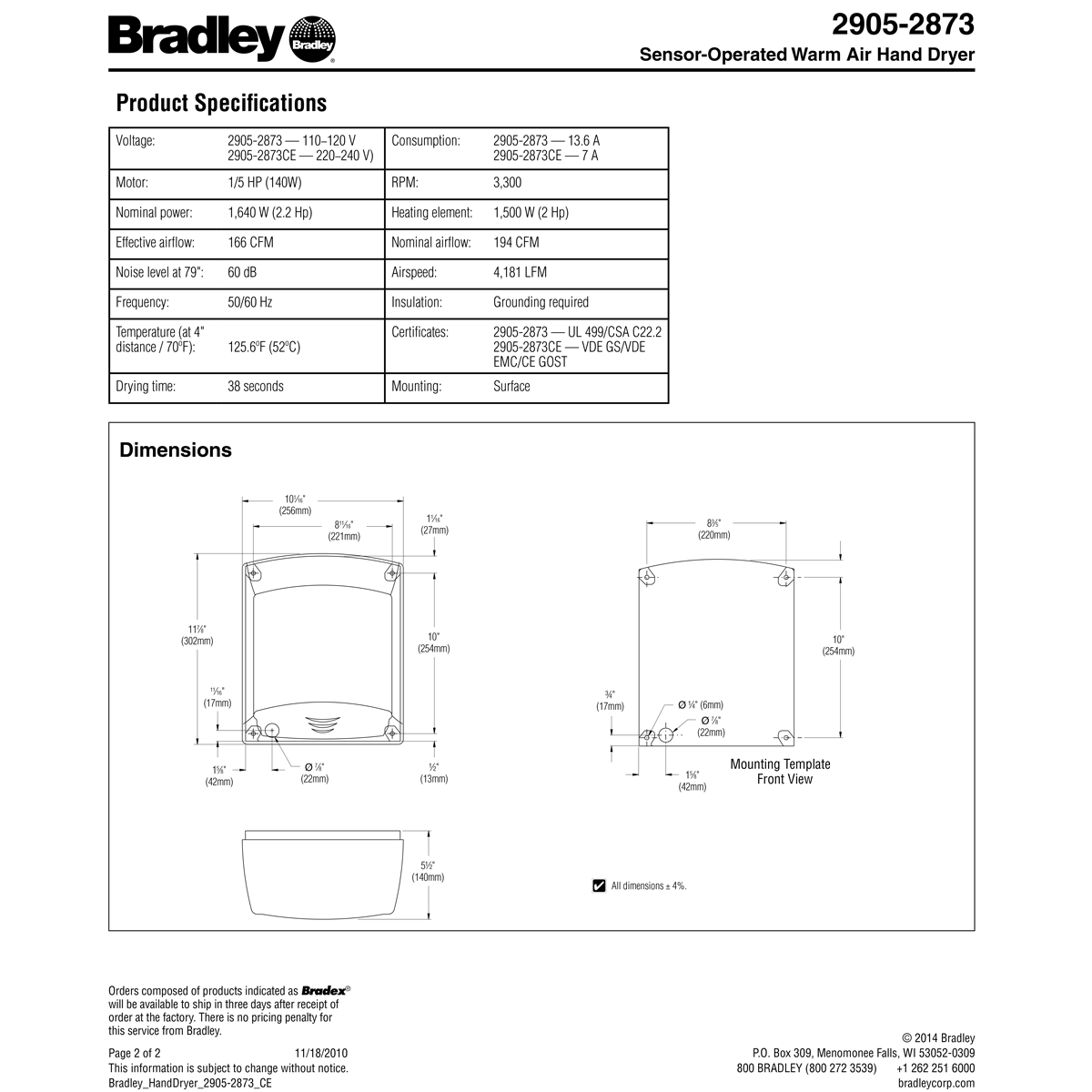 Bradley 2905-287300 Automatic Hands-In Hand Dryer, 110-120 Volt, Surface-Mounted, Steel