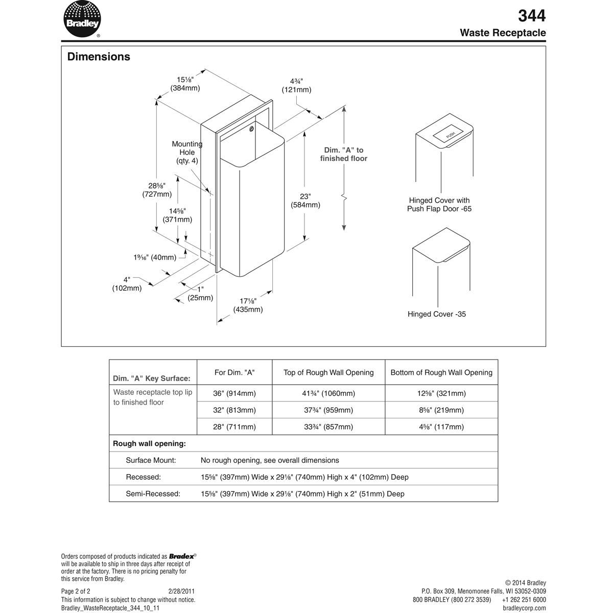 Bradley 344-100000 Commercial Restroom Waste Receptacle, 12 Gallon, Semi-Recessed-Mounted, 15-5/8