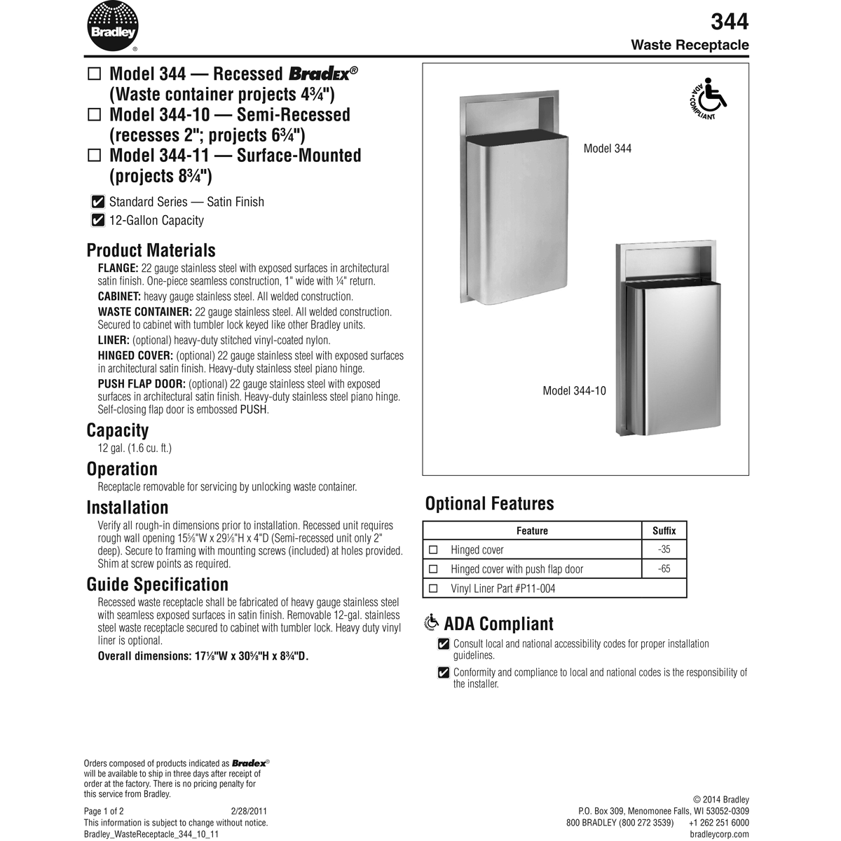 Bradley 344-100000 Commercial Restroom Waste Receptacle, 12 Gallon, Semi-Recessed-Mounted, 15-5/8