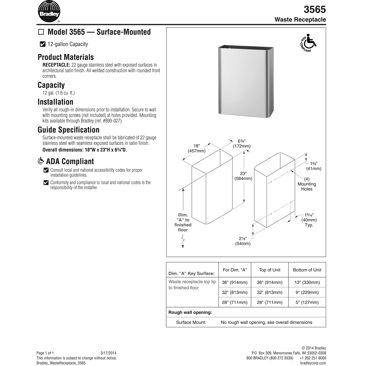Bradley 3565-00 Commercial Restroom Waste Receptacle, 12 Gallon, Surface-Mounted, 18