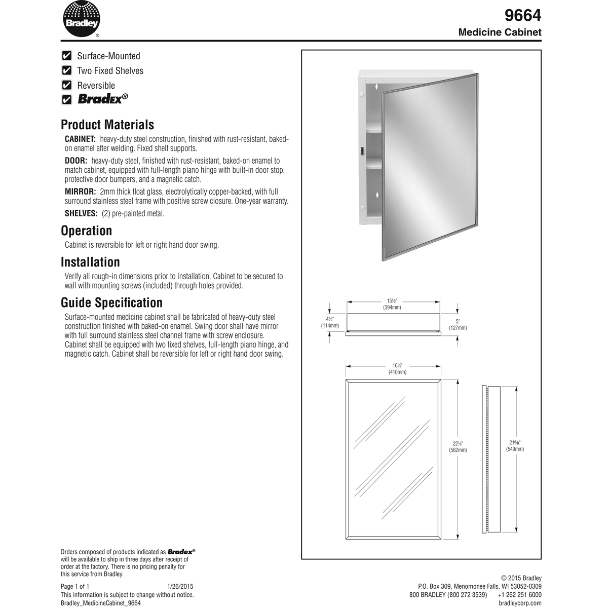 Bradley 9664-000000 Commercial Medicine Cabinet, 16" W x 22" H, Surface-Mounted, Steel White Epoxy