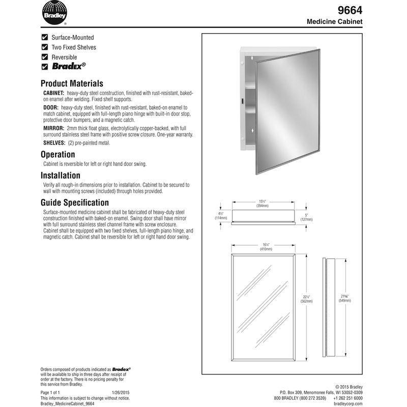 Bradley 9664-000000 Commerical Medicine Cabinet, 16" W x 22" H, Recessed-Mounted, Steel White Epoxy