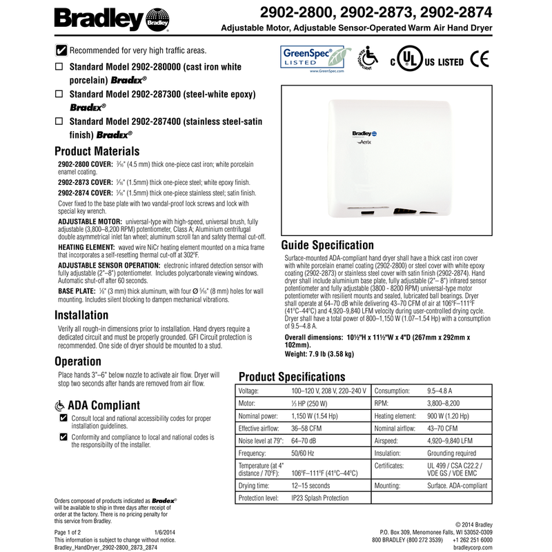 Bradley 2902-2873 Automatic High Efficiency Hand Dryer, 110-120/208/220-240 Volt, Surface-Mounted, Steel