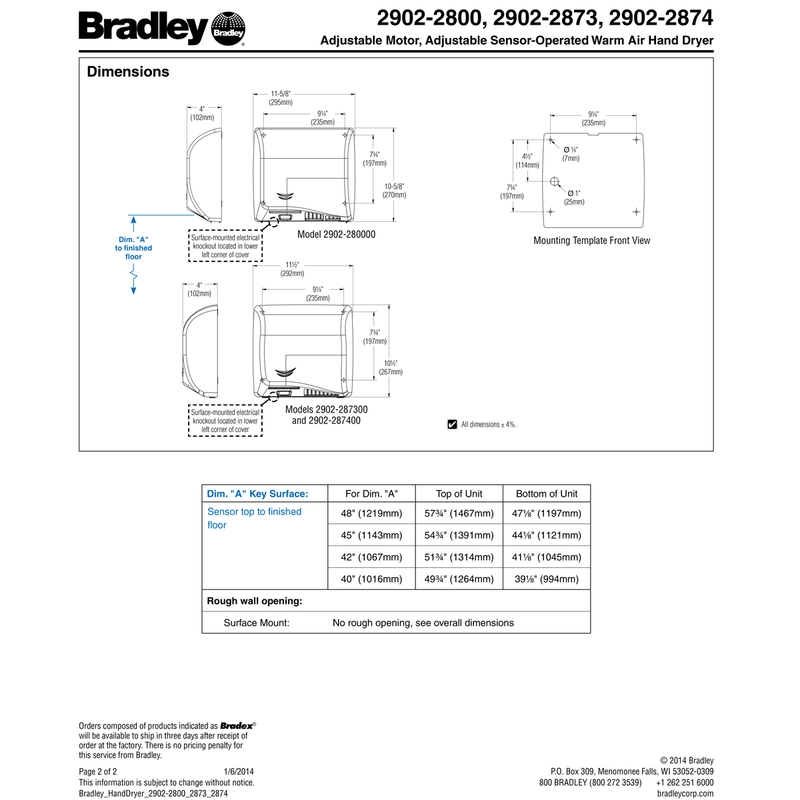 Bradley 2902-2873 Automatic High Efficiency Hand Dryer, 110-120/208/220-240 Volt, Surface-Mounted, Steel