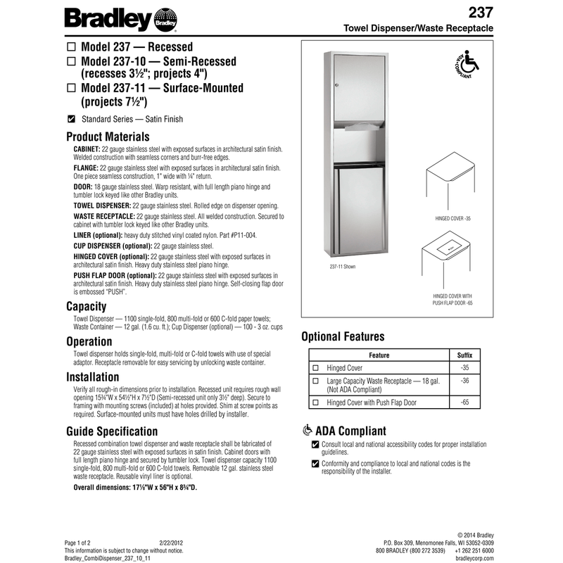 Bradley 237 Commercial Paper Towel Dispenser/Waste Receptacle, Recess-Mounted, Stainless Steel