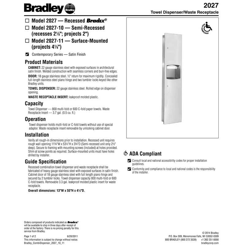 Bradley 2027-00 Combination Towel Dispenser/Waste Receptacle, Recessed-Mounted, Stainless Steel
