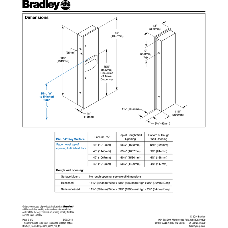 Bradley 2027-00 Combination Towel Dispenser/Waste Receptacle, Recessed-Mounted, Stainless Steel