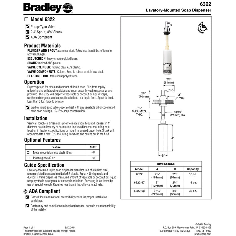 Bradley 6322-680000 Commercial Liquid Soap Dispenser, Countertop Mounted, Manual-Push, Stainless Steel - 2.5" Spout Length