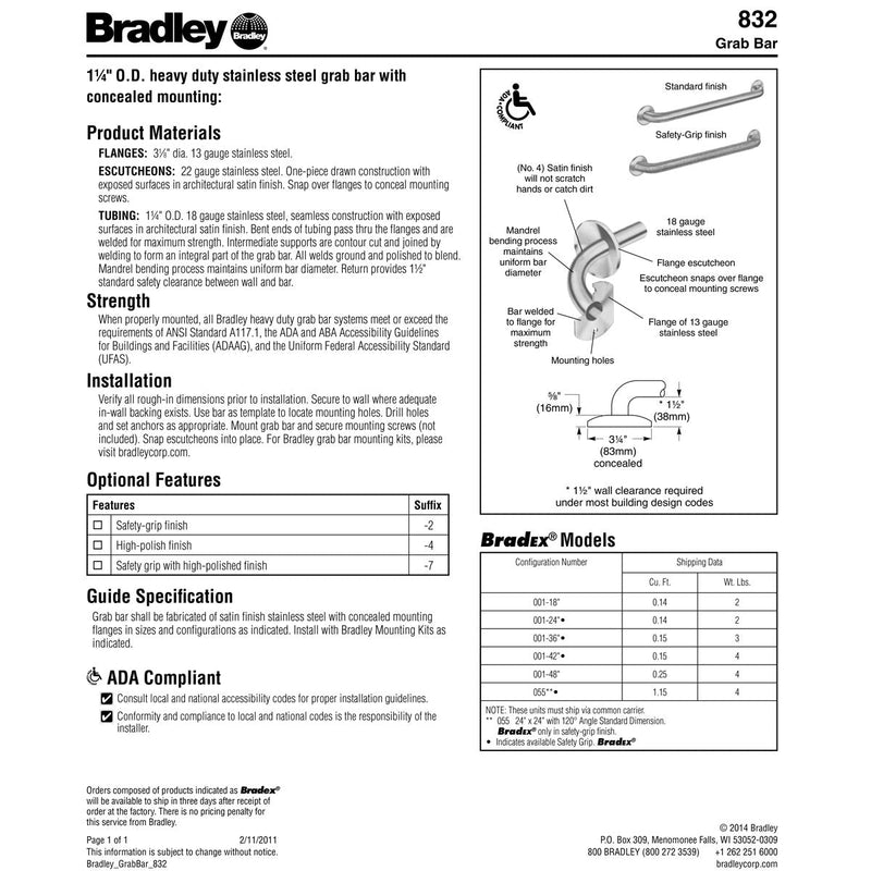 Bradley 8322-001420 (42 x 1.25) Commercial Grab Bar, 1-1/4" Diameter x 42" Length, Stainless Steel