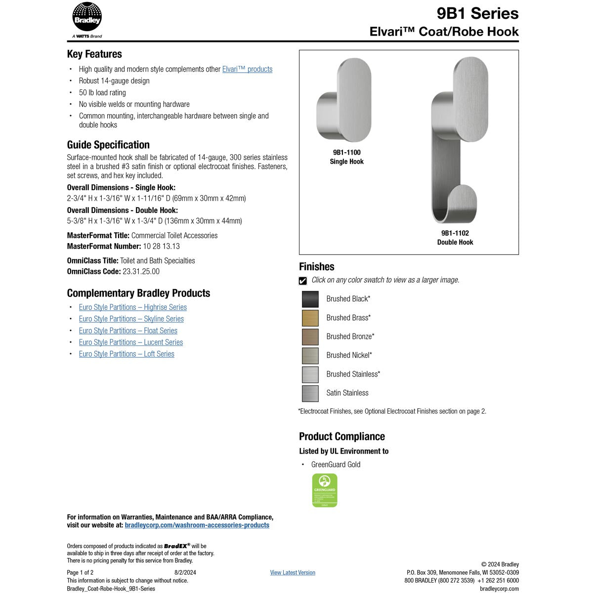 Bradley Elvari Series Robe Hook - Stainless-Surface Mounted, Single Hook - 9B1-110000-BB, Brushed Black