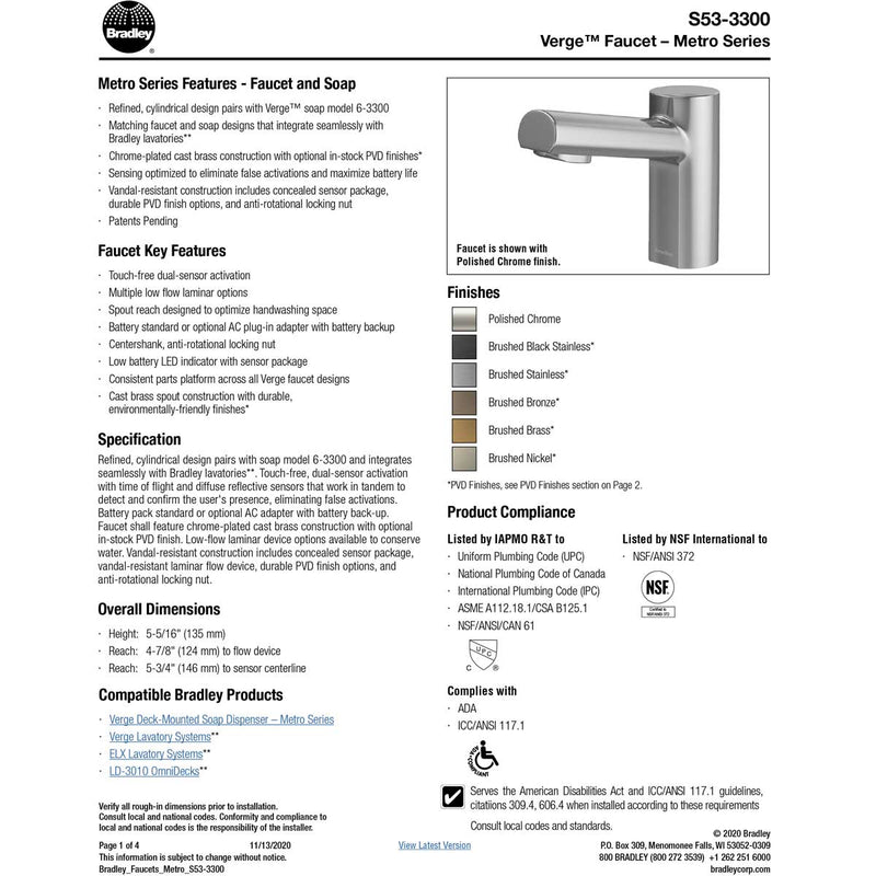 Bradley (S53-3300) RL3-BR Touchless Counter Mounted Sensor Faucet, .35 GPM, Brushed Brass, Metro Series
