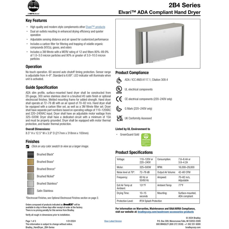 Bradley Elvari Series Hand Dryer - ADA High Speed Surface Mounted, 240V - 2B4-2114900