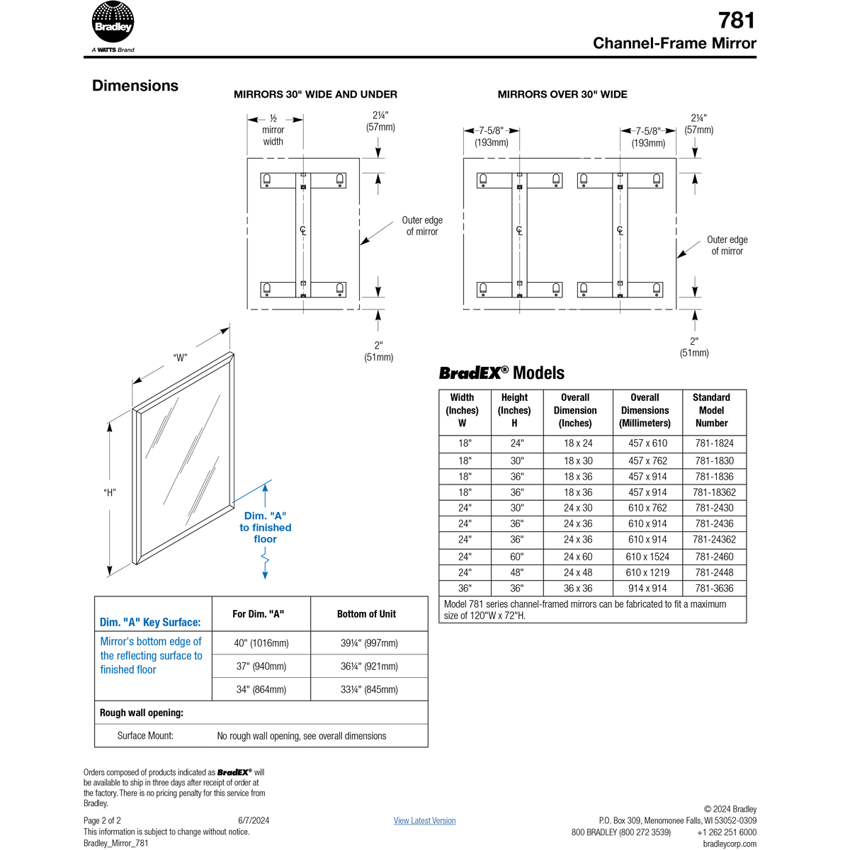 Bradley 781-024360 (24 x 36) Commercial Restroom Mirror, Channel Frame, 24
