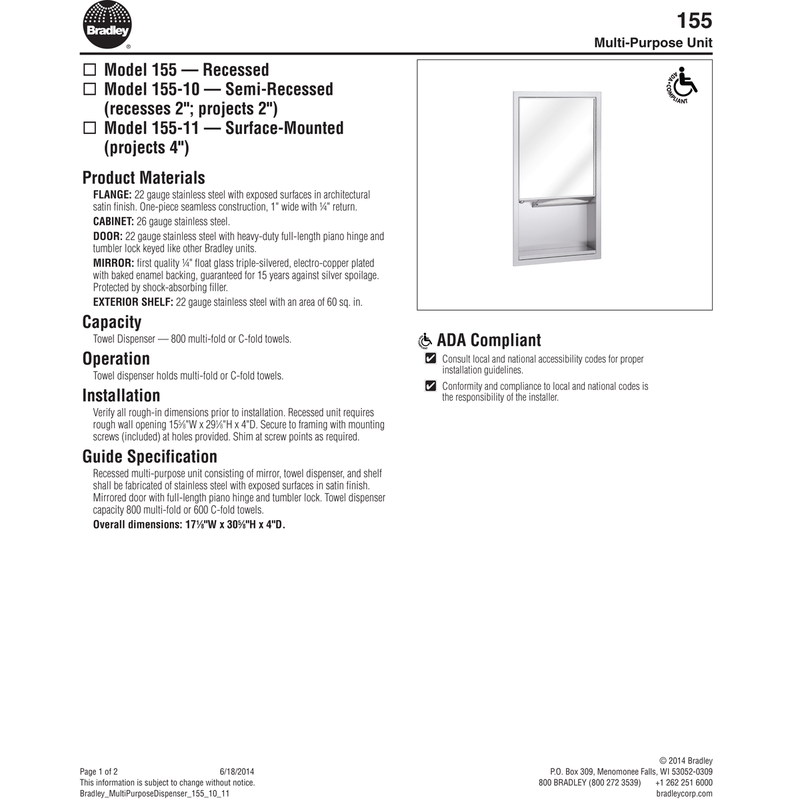 Bradley 155-000000,  Mirror and Towel Dispenser, Recessed